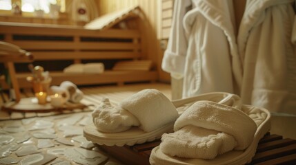 Fototapeta na wymiar Luxurious bathrobes and slippers waiting for guests to wear after their sauna session..