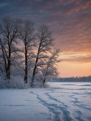 Tranquil winter setting unfolds during sunset. Sky, painted with vibrant hues of pink, orange, contrasts with untouched snow blanketing ground. Bare trees stand tall.