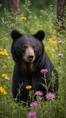Naklejka premium Amidst lush forest, black bear stands tall, its intense gaze fixed forward. Vibrant wildflowers surround it, creating harmonious blend of wildlife, nature.