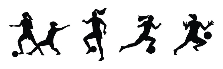 Fototapeta na wymiar Set of Women soccer player silhouettes. Isolated on white background. Vector illustration