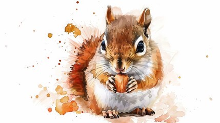 A baby squirrel nibbling on a nut in this cute, clean watercolor painting, minimal watercolor style illustration isolated on white background