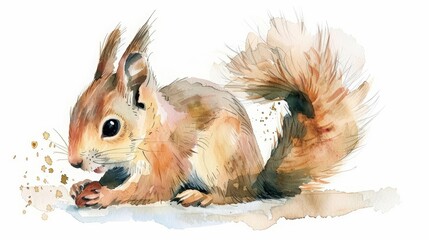 A baby squirrel nibbling on a nut in this cute, clean watercolor painting, minimal watercolor style illustration isolated on white background - obrazy, fototapety, plakaty