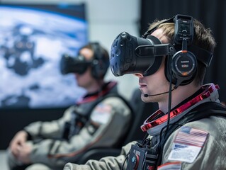 Two men in space suits are wearing virtual reality headsets and playing a game. Scene is one of excitement and adventure, as the men are experiencing a simulated space mission