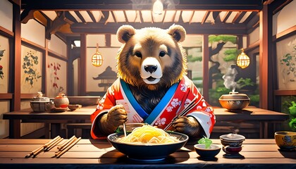 At one of the tables, a cute, anthropomorphic bear is seated, slurping up a steaming bowl of udon noodles - obrazy, fototapety, plakaty