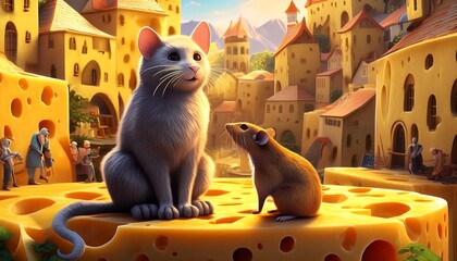 A charming 3D animated scene featuring a cute rat and cat sitting together in a whimsical 'Cheese Village'