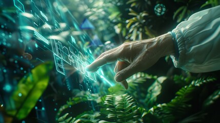 Person engaging with a futuristic digital interface, sustainability concept hyper realistic 