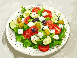 Plate of Salad With Tomatoes, Cucumber, Olives, and Feta 
