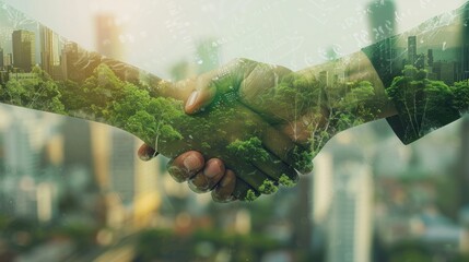 Sustainability in business, two partner are shaking hands in office, Deal, Collaborative teamwork, Environmental, climate change, blur green city background, negotiation. Generative Ai 