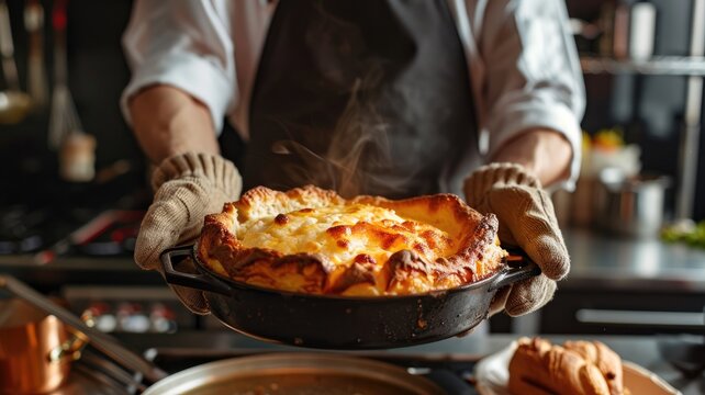 Chef presents steaming hot dish in skillet, likely lasagna, professional kitchen setting