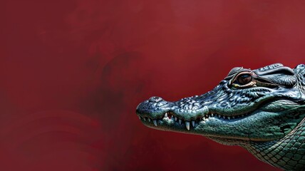 Close-up of crocodile head against dark red background