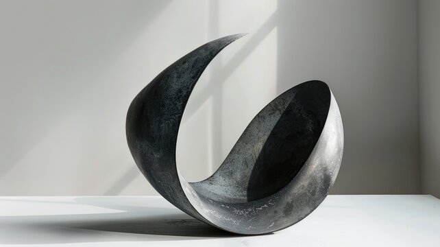 Abstract sculpture with mobius strip design casting shadow on white surface