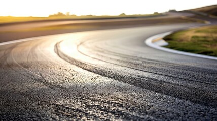 Empty curved road with sunrise in background