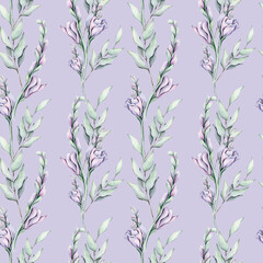 Seamless pattern with watercolor purple flowers and green leaves