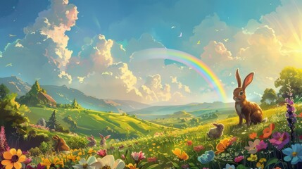 Flowering grass garden in spring Illustration design, with a beautiful rainbow view, children's themed background. - obrazy, fototapety, plakaty