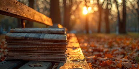 Newspapers are folded and stacked on chairs in the park - obrazy, fototapety, plakaty