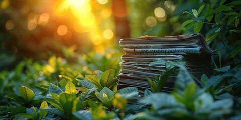 Newspapers are folded and stacked in the garden - obrazy, fototapety, plakaty