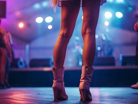 A woman is standing on a stage with her legs apart and wearing white shoes. The stage is lit up with bright lights, creating a lively and energetic atmosphere