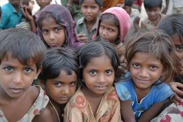 Group of children in a rural village in India. A group of children in the village.