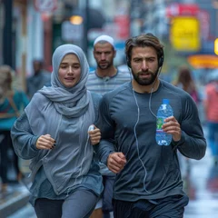 Fotobehang Muslim couples carry out activities in the morning with a happy gesture by jogging and for the sake of healthy leg muscles, especially body organs. A good lifestyle to apply for middle age. © Ka