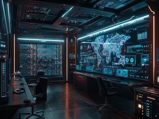 A futuristic room with a large monitor displaying a map of the world. The room is filled with computer screens and chairs, and the atmosphere is high-tech and modern