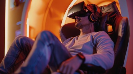 Obraz premium A man sitting in a gaming chair with builtin speakers and vibration technology completely immersed in a virtual world..