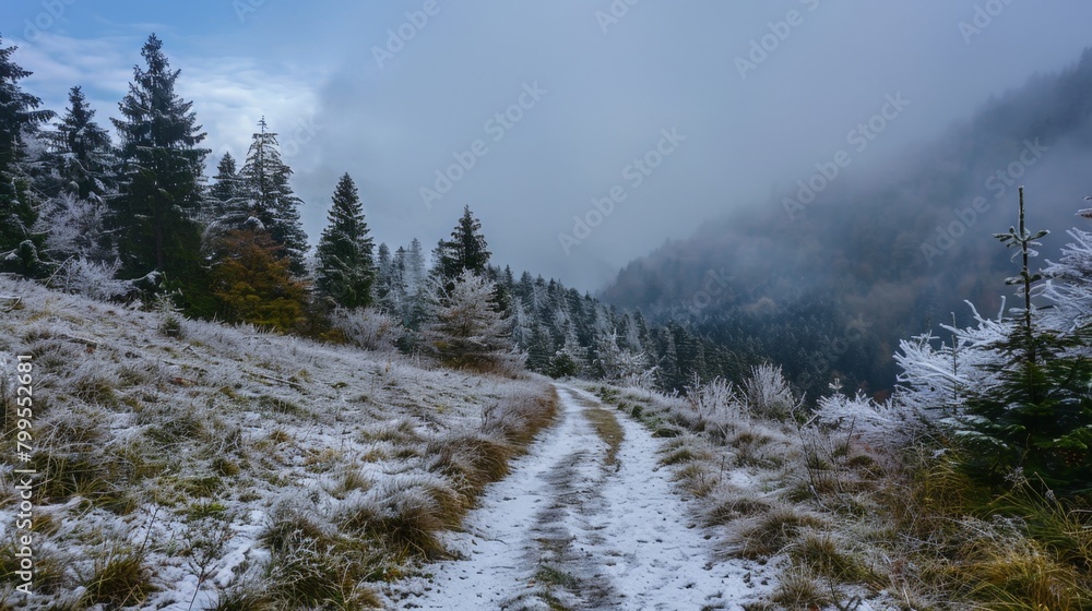 Sticker snowy mountain path with trees