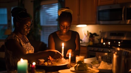 A small group gathers around the kitchen island their hands lit by the glow of the candles as they work together to create a delectable meal. 2d flat cartoon.