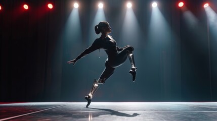 A professional dancer gracefully performs on stage her neuroprosthetic foot keeping up with her intricate moves..