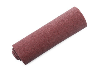 Rolled sheet of sandpaper isolated on white, top view