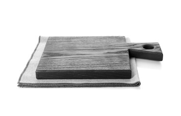 Black wooden cutting board and napkin isolated on white