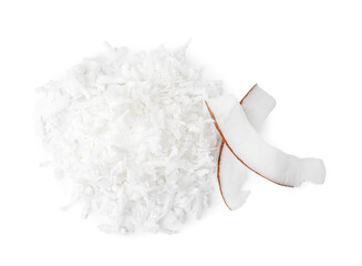 Pile of coconut flakes isolated on white, top view