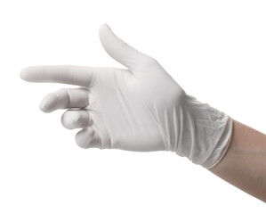 Woman wearing medical glove on white background, closeup