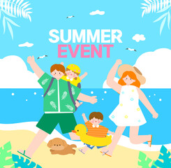 Summer Event Template With Family and Puppies Playing Excitingly on the Beach