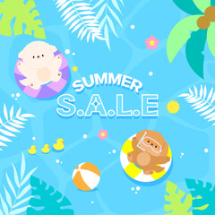 Summer sale template with cute puppies swimming in tubes