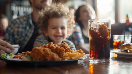 A toddler happily munching on a chicken tenders platter while their parents enjoy a cold soda at the bar. - obrazy, fototapety, plakaty