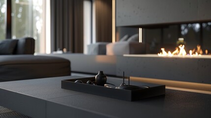 The sleek and simple design of the fireplace allows it to seamlessly blend in with the rest of the modern decor. 2d flat cartoon.