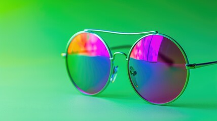 Round tinted sunglasses with reflective lenses on green background