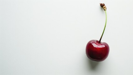 Single red cherry with stem on white surface