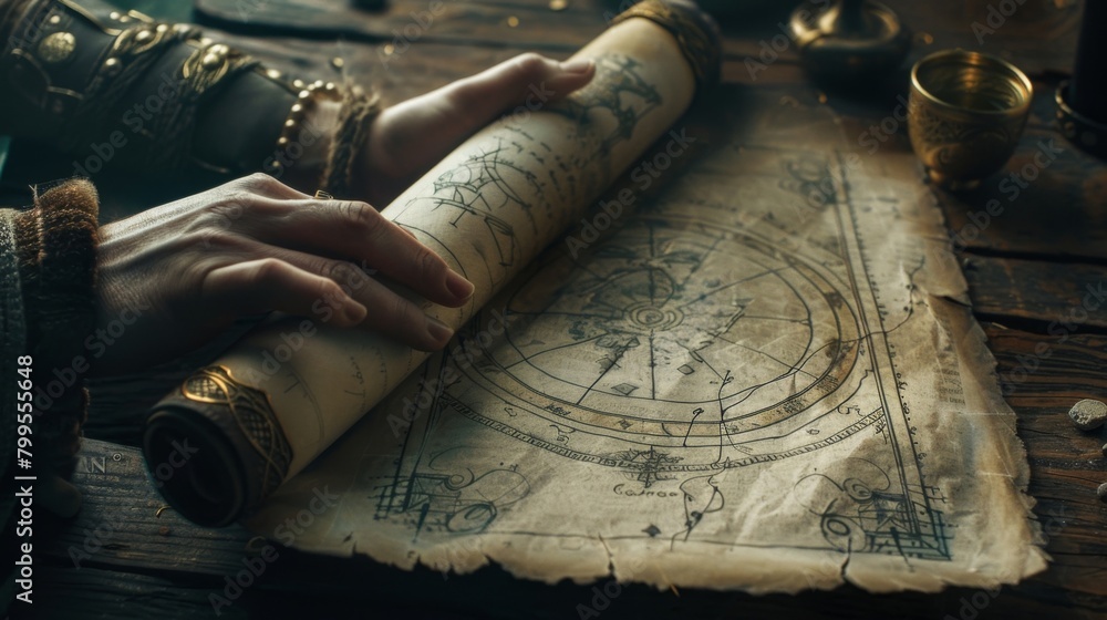 Poster a scroll made of ethereal shimmering paper unfurls in the hands of a sorceress revealing intricate d