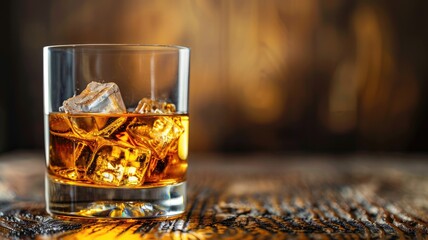 Whiskey on rocks in glass wooden surface, warm lighting - obrazy, fototapety, plakaty