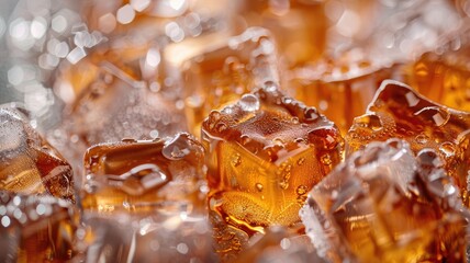 Close-up of ice cubes with water droplets, resembling amber-colored glass sparkling background