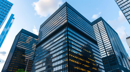Obraz premium Modern Glass Skyscrapers Towering Against a Blue Sky