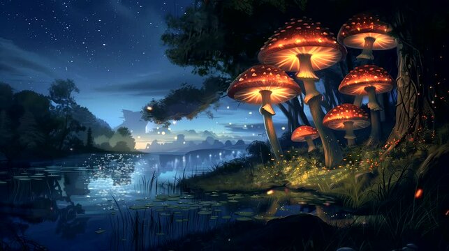 Trees giant mushrooms at night. Surreal concept, anime illustration style, looping 4k video animation background