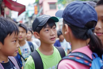 Unidentified asian children with backpack and cap on the street.