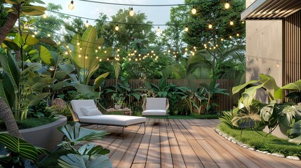 There are two wicker chairs in a garden. The chairs are surrounded by plants and there is a small table between them. There is a string of lights hanging in the background.

