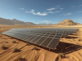 A large solar panel field is shown in the desert. The panels are spread out across the landscape, and the sun is shining brightly on them. Concept of sustainability and environmental consciousness