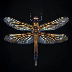 Fotobehang dragonfly on black background The dragonfly should be able to display sharp details. It displays intricate wings, a slender body, and multifaceted eyes. © Saowanee