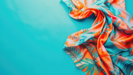 Colorful fabric with tropical pattern on teal background