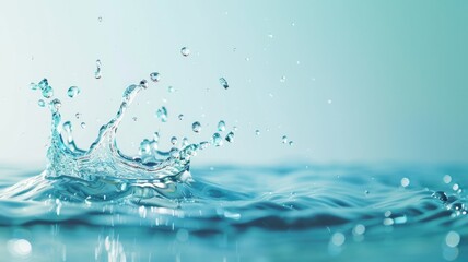 Clear water splashing with droplets suspended above calm surface against blue background