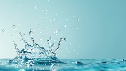 Clear water splash with droplets on blue background